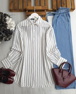 ABUZA YAKA TAŞLI ÇİZGİLİ GÖMLEK TUNİK A8-3-5527-20-BEYAZ - 