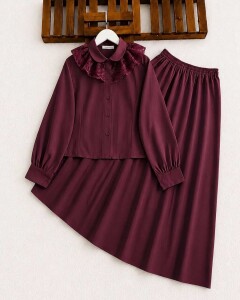 ADEP SALAŞ DANTEL DETAYLI ETEKLİ TAKIM 1763-04-BORDO - 