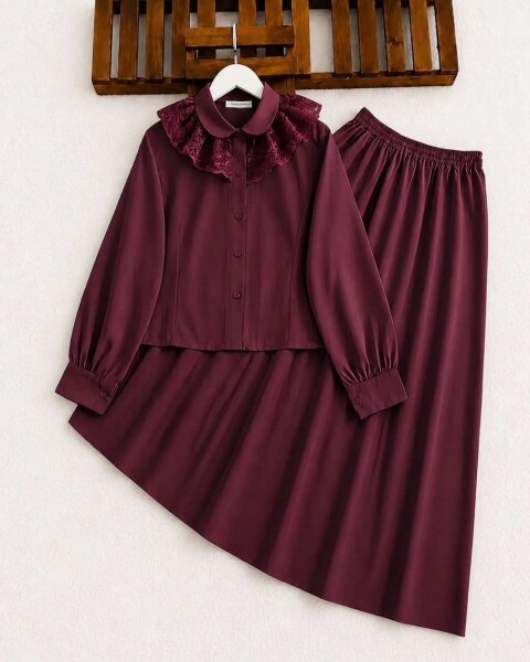 ADEP SALAŞ DANTEL DETAYLI ETEKLİ TAKIM 1763-04-BORDO - 1