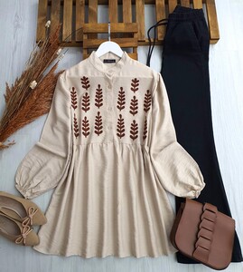 ADOS NAKIŞLI HAKİM YAKA GÖMLEK TUNİK A5-3-5413-34-BEJ - 