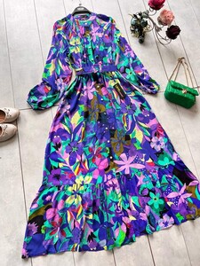 AGELYA KEMERLİ DESENLİ ÖNÜ DÜĞMELİ ELBİSE D3-2314-02-MOR - 