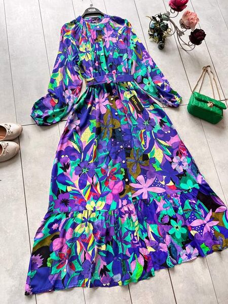 AGELYA KEMERLİ DESENLİ ÖNÜ DÜĞMELİ ELBİSE D3-2314-02-MOR - 1