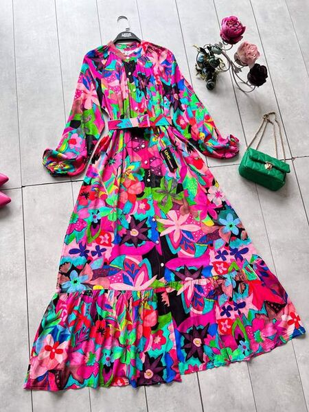 AGELYA KEMERLİ DESENLİ ÖNÜ DÜĞMELİ ELBİSE D3-2314-16-GÜL - 1