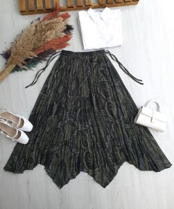 AGYEL ASİMETRİK KESİM YANLARI İPLİ DESENLİ ASTARLI ŞİFON ETEK A5-6-6100-09-HAKİ - 1