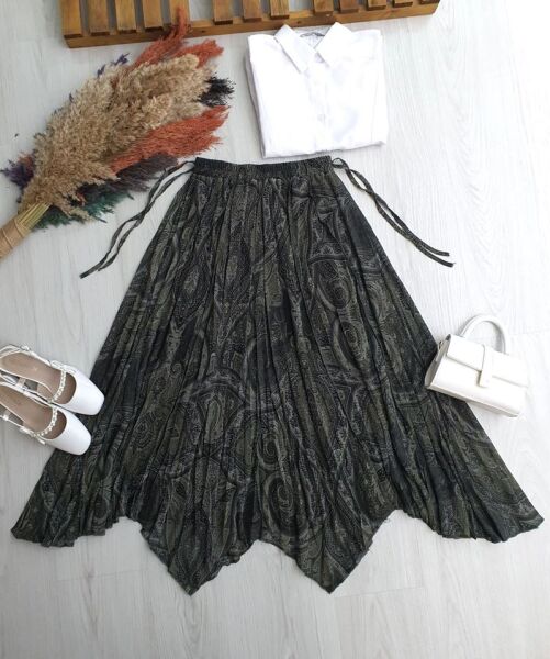 AGYEL ASİMETRİK KESİM YANLARI İPLİ DESENLİ ASTARLI ŞİFON ETEK A4-1-6100-09-HAKİ - 1