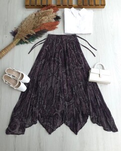 AGYEL ASİMETRİK KESİM YANLARI İPLİ DESENLİ ASTARLI ŞİFON ETEK B1-2-6100-18-MÜRDÜM - 