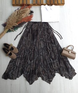 AGYEL ASİMETRİK KESİM YANLARI İPLİ DESENLİ ASTARLI ŞİFON ETEK A5-6- 6100-37-KAHVE - 1