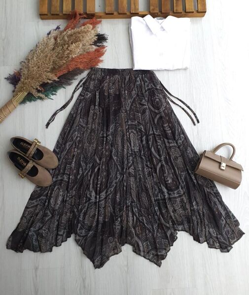 AGYEL ASİMETRİK KESİM YANLARI İPLİ DESENLİ ASTARLI ŞİFON ETEK A4-1- 6100-37-KAHVE - 1