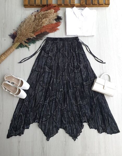 AGYEL ASİMETRİK KESİM YANLARI İPLİ DESENLİ ASTARLI ŞİFON ETEK A4-1-6100-58-FÜME - 1