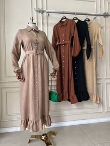 AHES KEMERLİ ALT FIRFIRLI DÜĞMELİ KETEN ELBİSE A10-4-2268-48-BİSKÜVİ - 