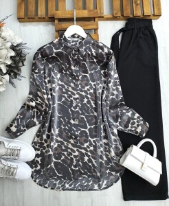 AHZA LEOPAR DESEN OVERSİZE SATEN GÖMLEK B6-4-5499-29-ANTRASİT - 