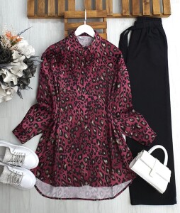 AHZA LEOPAR DESEN OVERSİZE SATEN GÖMLEK B6-4-5499-31-VİŞNE - 