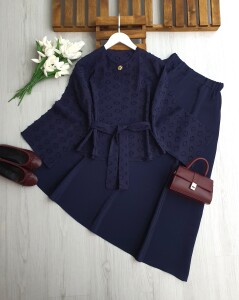 AKDN TEK DÜĞME BELİ ÖNÜ AÇIK KEMERLİ ETEKLİ TAKIM B3-2 1723-12-LACİVERT - 1