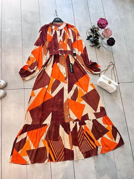 ALEH KEMERLİ DESENLİ ÖNÜ DÜĞMELİ ELBİSE D5-2306-06-KİREMİT - 2