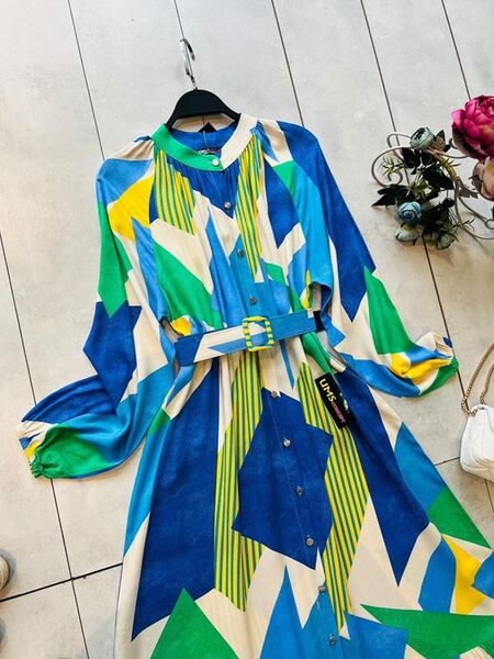 ALEH KEMERLİ DESENLİ ÖNÜ DÜĞMELİ ELBİSE D5-2306-14-SAKS - 1