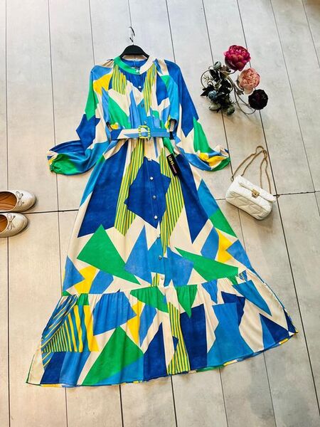 ALEH KEMERLİ DESENLİ ÖNÜ DÜĞMELİ ELBİSE D5-2306-14-SAKS - 2