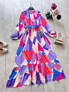 ALEH KEMERLİ DESENLİ ÖNÜ DÜĞMELİ ELBİSE A10-5-2306-16-GÜL - 