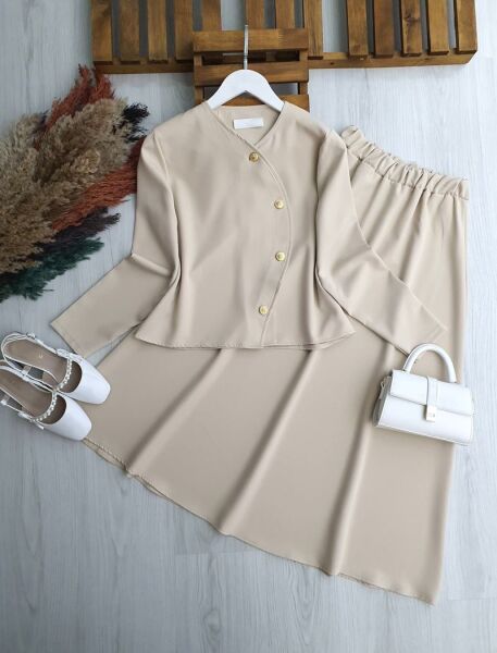 ALNES ÇAPRAZ DÜĞMELİ DOUBLE ETEKLİ TAKIM B3-1-1715-34-BEJ - 1