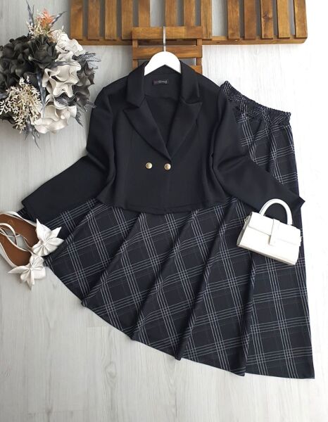 ALX ÇİZGİLİ EKOSE ETEK ÇİFT DÜĞME CEKET TAKIM B8-5-1700-01-SİYAH - 1