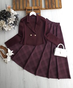 ALX ÇİZGİLİ EKOSE ETEK ÇİFT DÜĞME CEKET TAKIM B8-5-1700-04-BORDO - 1