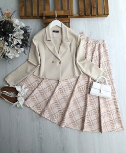 ALX ÇİZGİLİ EKOSE ETEK ÇİFT DÜĞME CEKET TAKIM B8-5-1700-34-BEJ - 1