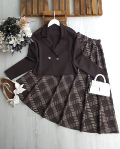 ALX ÇİZGİLİ EKOSE ETEK ÇİFT DÜĞME CEKET TAKIM B8-5-1700-37-KAHVE - 1