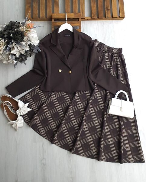 ALX ÇİZGİLİ EKOSE ETEK ÇİFT DÜĞME CEKET TAKIM B8-5-1700-37-KAHVE - 1