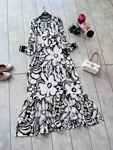 AMAZON DESENLİ KOL VE YAKA RİBANALI ELBİSE A10-3-2263-01-SİYAH - 