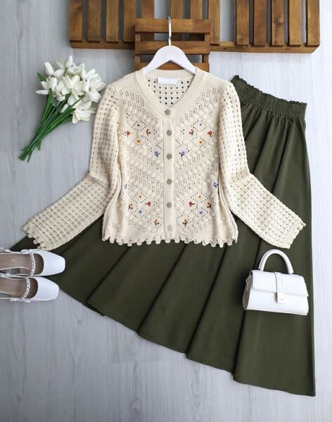 ANPL KOL PETEK ÖRGÜ NAKIŞLI DOKUMA HIRKA 8205-34-BEJ - 1