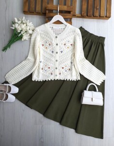 ANPL KOL PETEK ÖRGÜ NAKIŞLI DOKUMA HIRKA 8205-50-KEMİK - 1