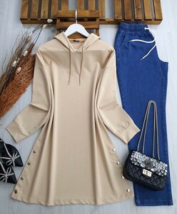 APES YANLARI ÇITÇITLI KAPŞONLU TUNİK B7-5-5364-34-BEJ - 