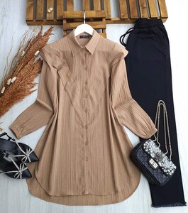 ARSE OMUZDAN V DETAYLI SALAŞ TUNİK B6-4-5437-48-BİSKÜVİ - 