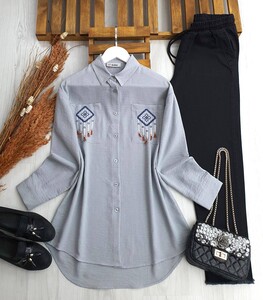 ASLE NAKIŞLI ÇİFT CEP KETEN GÖMLEK TUNİK A6-2-5424-26-GRİ - 