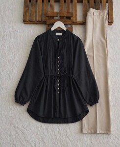 AUDE BRİT DÜĞME NERVÜR DİKİŞ SALAŞ GÖMLEK TUNİK 5725-01-SİYAH - 