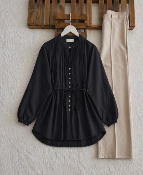 AUDE BRİT DÜĞME NERVÜR DİKİŞ SALAŞ GÖMLEK TUNİK 5725-01-SİYAH - 1