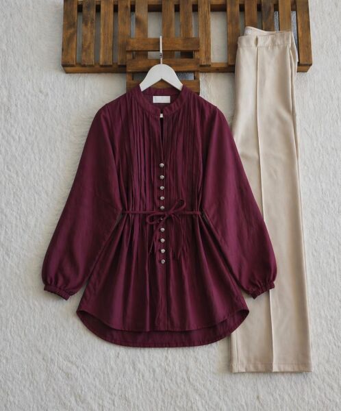 AUDE BRİT DÜĞME NERVÜR DİKİŞ SALAŞ GÖMLEK TUNİK 5725-04-BORDO - 1