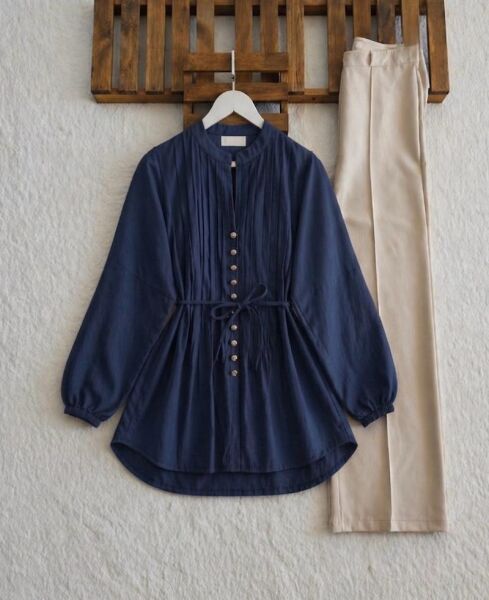 AUDE BRİT DÜĞME NERVÜR DİKİŞ SALAŞ GÖMLEK TUNİK 5725-12-LACİVERT - 1