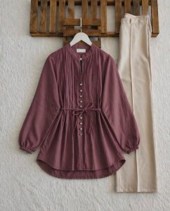 AUDE BRİT DÜĞME NERVÜR DİKİŞ SALAŞ GÖMLEK TUNİK 5725-16-GÜL - 