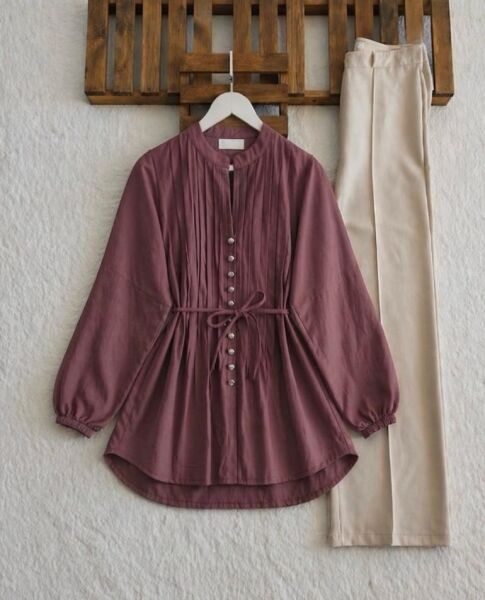 AUDE BRİT DÜĞME NERVÜR DİKİŞ SALAŞ GÖMLEK TUNİK 5725-16-GÜL - 1