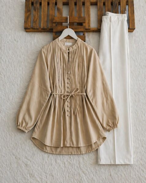 AUDE BRİT DÜĞME NERVÜR DİKİŞ SALAŞ GÖMLEK TUNİK 5725-34-BEJ - 1