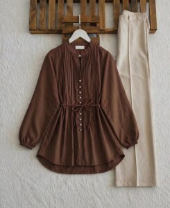 AUDE BRİT DÜĞME NERVÜR DİKİŞ SALAŞ GÖMLEK TUNİK 5725-37-KAHVE - 