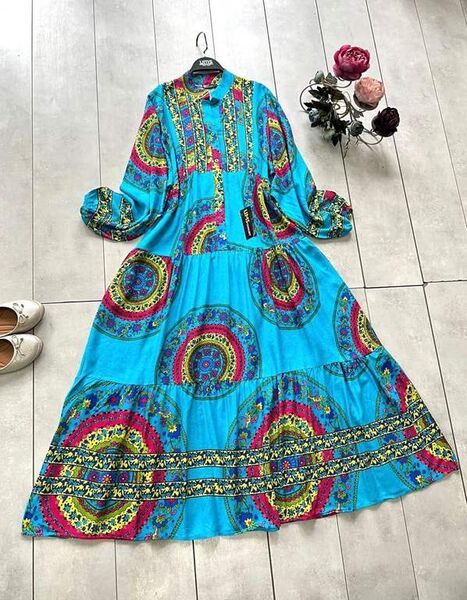 AYSU DESENLİ PATLI YARIM DÜĞMELİ SALAŞ ELBİSE D4-2302-10-MAVİ - 1