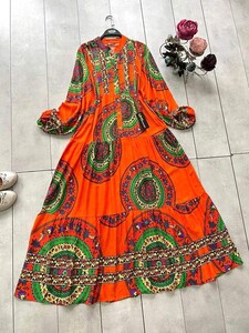 AYSU DESENLİ PATLI YARIM DÜĞMELİ SALAŞ ELBİSE D4-2302-15-ORANJ - 