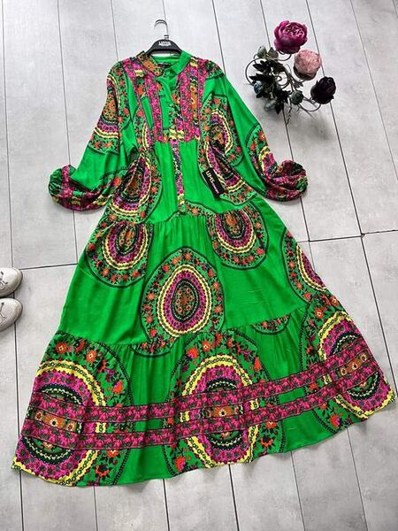 AYSU DESENLİ PATLI YARIM DÜĞMELİ SALAŞ ELBİSE D4-2302-54-BENETTON - 1