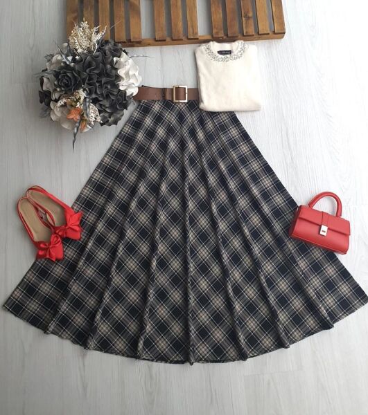 AZAW ÇİZGİLİ EKOSE DESEN DERİ KEMERLİ YANDAN FERMUARLI KİLOŞ ETEK B3-4-6096-01-SİYAH - 1