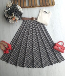 AZAW ÇİZGİLİ EKOSE DESEN DERİ KEMERLİ YANDAN FERMUARLI KİLOŞ ETEK B3-4-6096-34-BEJ - 