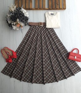 AZAW ÇİZGİLİ EKOSE DESEN DERİ KEMERLİ YANDAN FERMUARLI KİLOŞ ETEK B3-4-6096-37-KAHVE - 