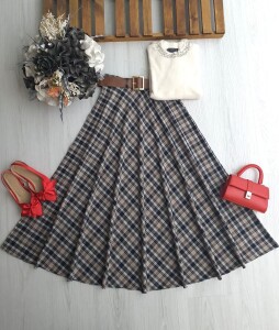 AZAW ÇİZGİLİ EKOSE DESEN DERİ KEMERLİ YANDAN FERMUARLI KİLOŞ ETEK B3-4-6096-48-BİSKÜVİ - 