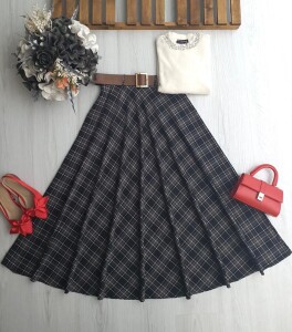 AZAW ÇİZGİLİ EKOSE DESEN DERİ KEMERLİ YANDAN FERMUARLI KİLOŞ ETEK 6096-98-KOYU KAHVE - 