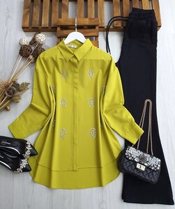 AZEL DAMLA TAŞLI SALAŞ GÖMLEK B5-5-5323-70-YAĞ YEŞİLİ - 